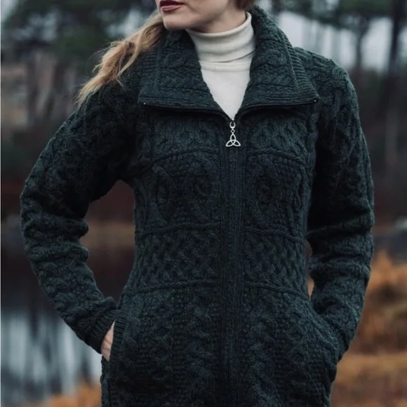 Aran Crafts Irish Merino Wool Cable Knit Coat - size Medium, Charcoal Grey. - Picture 1 of 10